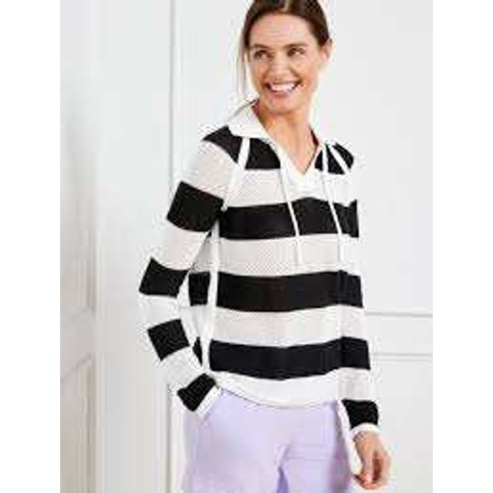 T by TALBOTS Black White Stripe Mesh Knit Pullover‎ Sweater Coolmax - Size M